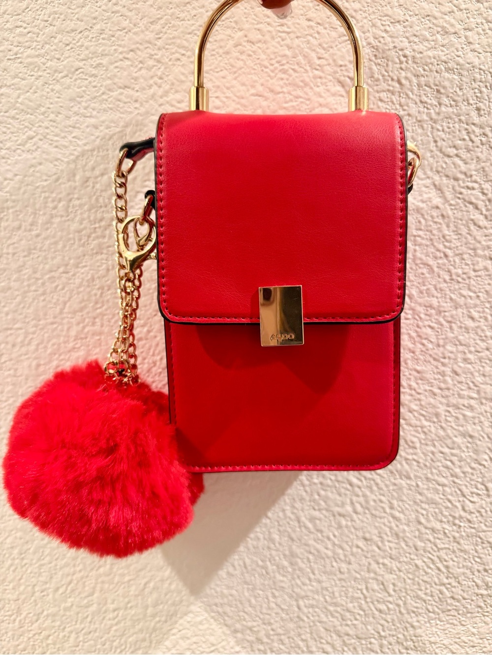 Aldo Red Mini Crossbody with Gold Hardware and Pom Pom